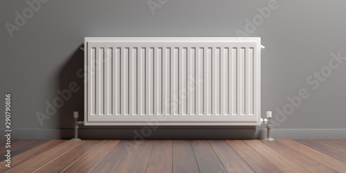 Wallpaper Mural Radiator, wood floor, grey wall background, 3d illustration Torontodigital.ca