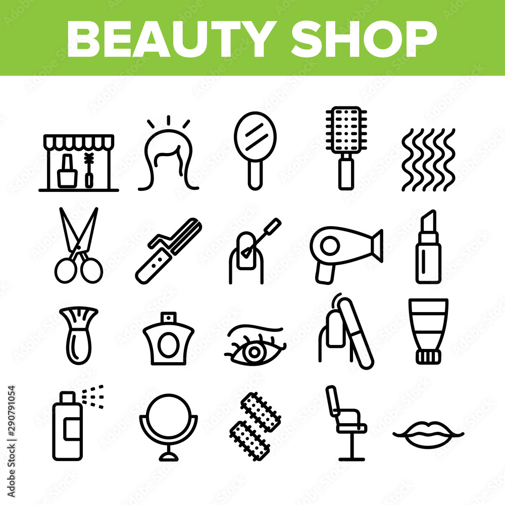 Beauty Shop Collection Elements Icons Set Vector Thin Line. Fan And Mirror, Perfume And Nail Polish, Chair And Scissors Equipment For Beauty Concept Linear Pictograms. Monochrome Contour Illustrations Beauty Shop Collection Elements Icons Set Vector Thin Line. Fan And Mirror, Perfume And Nail Polish, Chair And Scissors Equipment For Beauty Concept Linear Pictograms. Monochrome Contour Illustrations