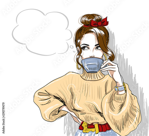 trendy girl drinking coffee and looking up