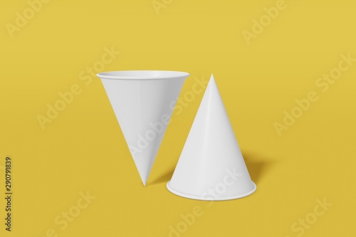 Two paper cups mockup cone shaped on a yellow background. One of the cups is turned upside down. 3D rendering