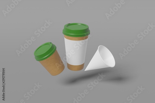 Set of three white paper mockup cups of different sizes - large, small and cone shaped fly on a grey background. 3D rendering