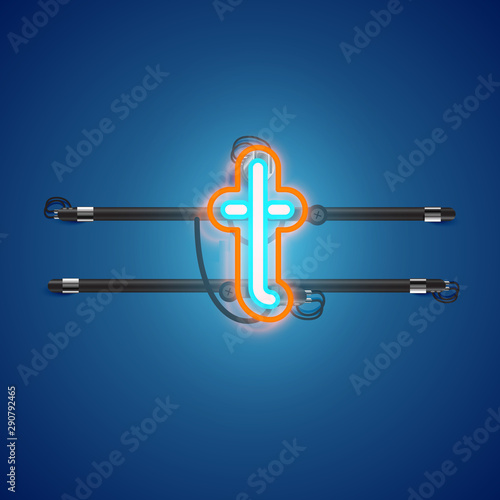 Realistic glowing double neon charcter on and off from a fontset, vector illustration