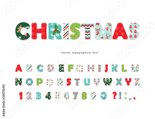 Christmas decorative font. All patterns are full under clipping mask. Vector