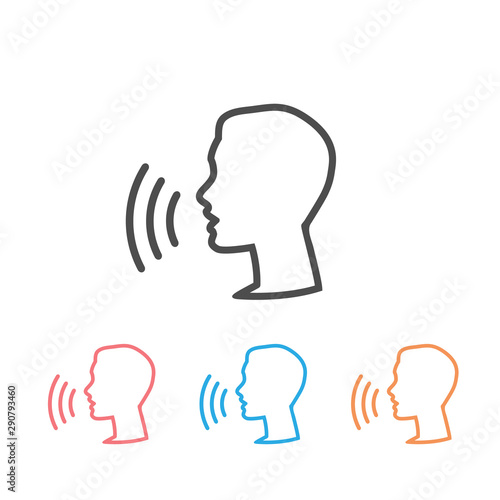 Voice control icon set. Speak or talk recognition linear icon, speaking and talking command, sound commander or speech dictator head, vector