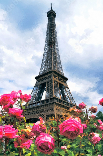Oil painting of the Eiffel tower on a background of pink roses. Paris. France.