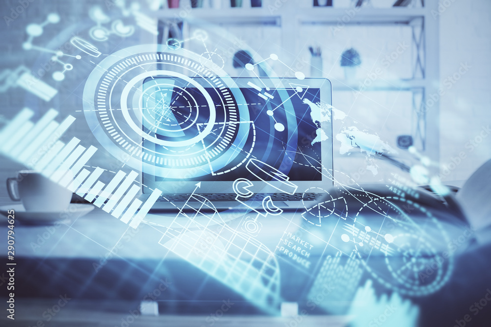 Multi exposure of business theme icons and table with computer background. Concept of success. Multi exposure of business theme icons and table with computer background. Concept of success.
