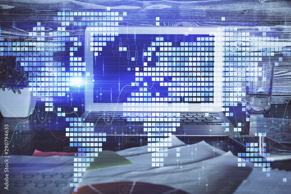 Multi exposure of business theme icons and table with computer background. Concept of success. Multi exposure of business theme icons and table with computer background. Concept of success.
