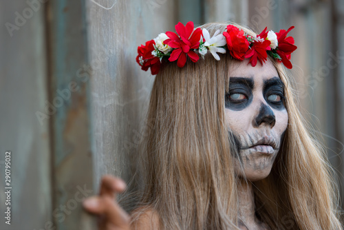 Fototapeta Naklejka Na Ścianę i Meble -  Portrait of woman make up ghost face,Mexico City’s Day of the Dead parade on Sunday honored those killed in two recent earthquakes,Thailand people