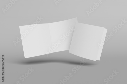 Two Mockup square booklet, brochure, invitation isolated on a grey background with soft cover and realistic shadow. 3D rendering. © photolas
