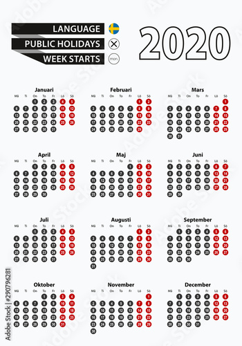 Vector template calendar 2020 with number in circles, simple Swedish calendar for year 2020.