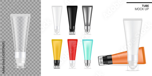 Tube Mock up Realistic Transparent, Black and White Cosmetic Eye Serum. Health care and Medical Product Packaging for Cream, Oil or Lips Balm Template Set for Skincare. Background Vector