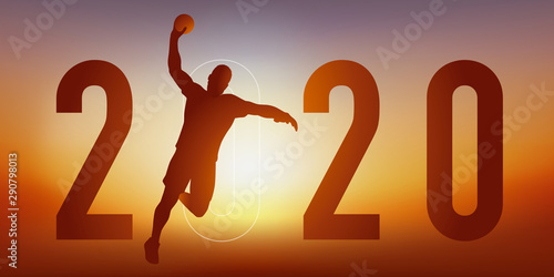 Carte de vœux 2020 sur le thème du sport, avec un joueur de handball en pleine action, qui tire en extension pour marquer un but