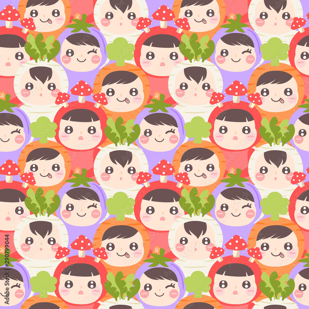 Seamless pattern happy kids in veggie hat. Seamless pattern happy kids in veggie hat.
