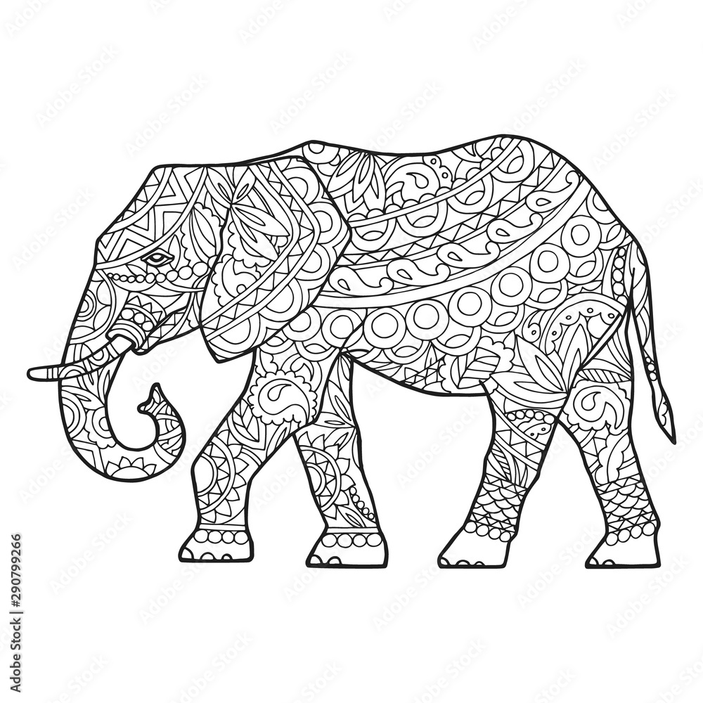 Vector illustration of the festive elephant. The picture is drawn with a pencil. An adult elephant in the ethnos style with ornaments and patterns of black and white color. Vector illustration of the festive elephant. The picture is drawn with a pencil. An adult elephant in the ethnos style with ornaments and patterns of black and white color.