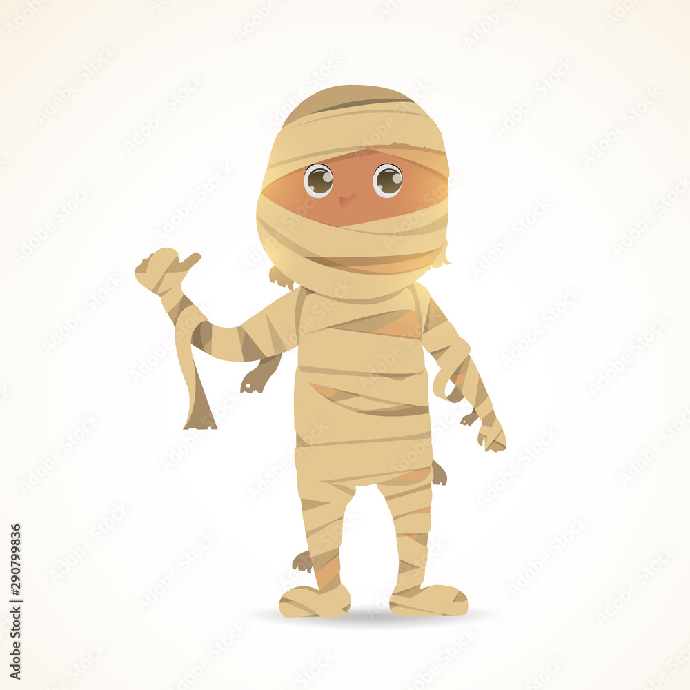 Obraz premium A cute little mummy. Halloween mummy kids costume character design vector on isolated background.