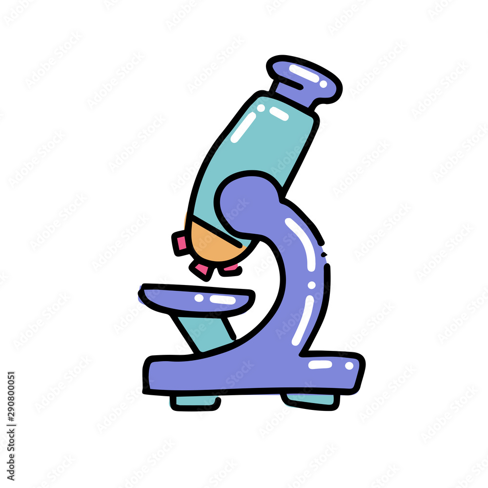 Simple microscope icon illustration. Chemical equipment in flat color outlined hand drawn childish doodle style. Color scribble print concept on white background. Kid chemistry and science Simple microscope icon illustration. Chemical equipment in flat color outlined hand drawn childish doodle style. Color scribble print concept on white background. Kid chemistry and science