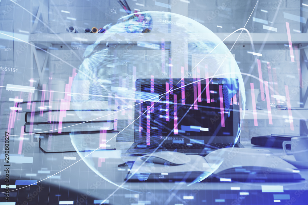 Forex market graph hologram and personal computer on background. Double exposure. Concept of investment. Forex market graph hologram and personal computer on background. Double exposure. Concept of investment.
