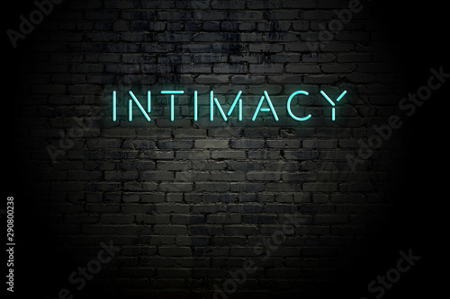 Highlighted brick wall with neon inscription intimacy