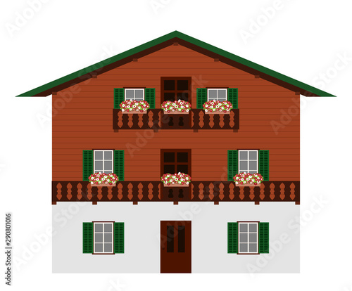 Beautiful traditional austrian wooden mountain house, isolated on white background. Alpine chalet with balconies and flowers. Vector illustration.
