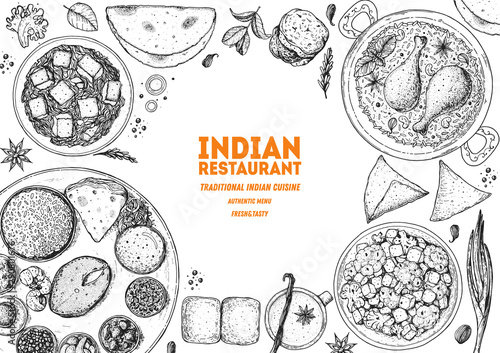 Indian food illustration. Hand drawn sketch. Vector illustration. Menu background.