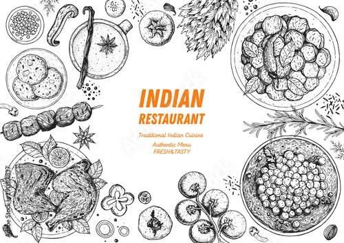 Indian food illustration. Hand drawn sketch. Vector illustration. Menu background.