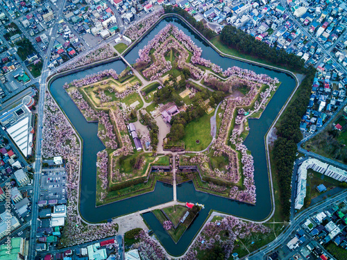 Arial Top view of Fort Goryokaku with cherry blossom, Build for protect city from enemy in  Star Shape. This place is a famous to visit in Hakodate, Hokkaido Japan