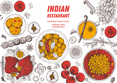 Indian food illustration. Hand drawn sketch. Indian cuisine. Doodle collection. Vector illustration. Menu background. Engraved style.