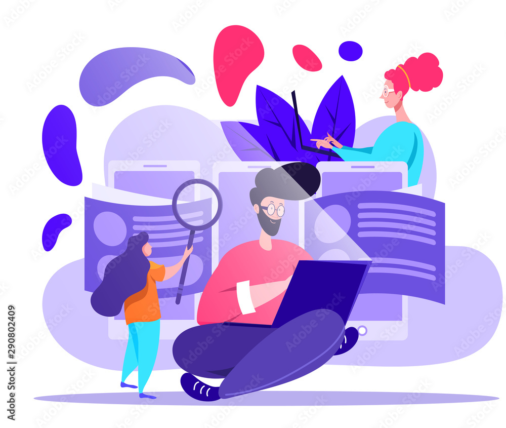 HR, hire and recruitment human resources vector concept in violet colors on white background. Looking through applicant CVs and searching for job on mobile and web devices
