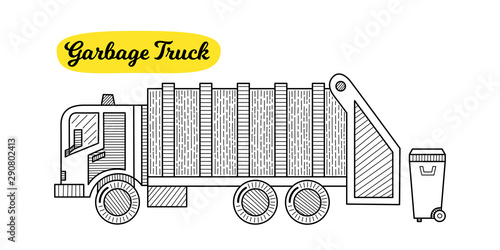 Hand drawn garbage truck isolated on a white. Sketch. Vector illustration.