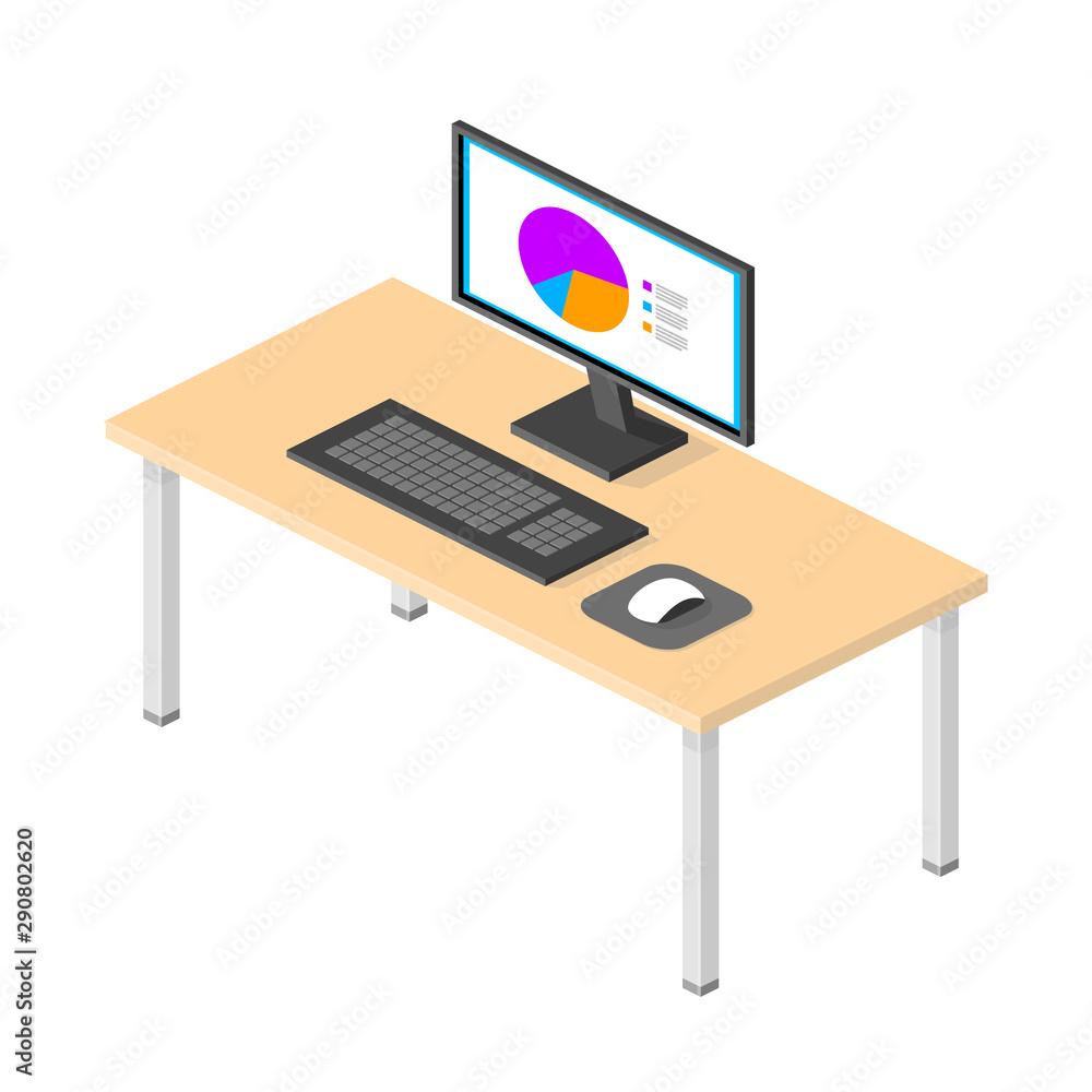 Isometric Workplace WIth Computer Screen with Data Information On The Internet Isometric Workplace WIth Computer Screen with Data Information On The Internet