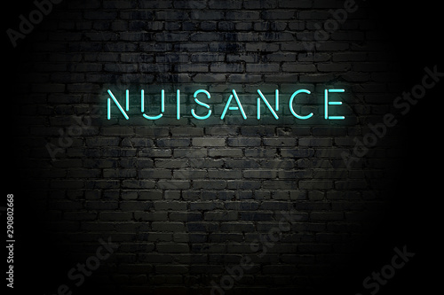 Highlighted brick wall with neon inscription nuisance