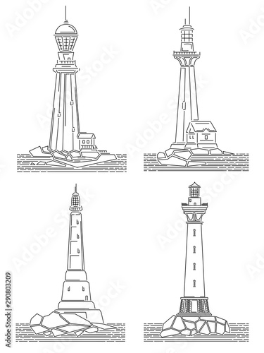 Set of simple line illustrations of lighthouse on island.