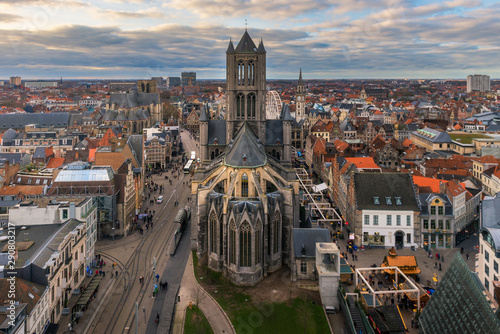 Aerial view of Gent cityscape skyline and Sint-Niklaaskerk church during sunset
