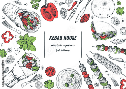 Doner kebab and ingredients for kebab, sketch illustration. Arabic cuisine frame. Fast food menu design elements. Shawarma hand drawn frame. Middle eastern food.