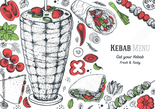 Doner kebab cooking and ingredients for kebab, sketch illustration. Arabic cuisine frame. Fast food menu design elements. Shawarma hand drawn frame. Middle eastern food.