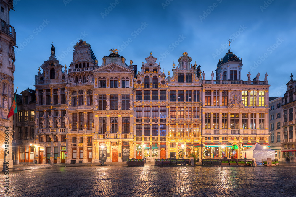 Facade of the historical buildings in Grote Markt, Brussel, Belgium during twilight
