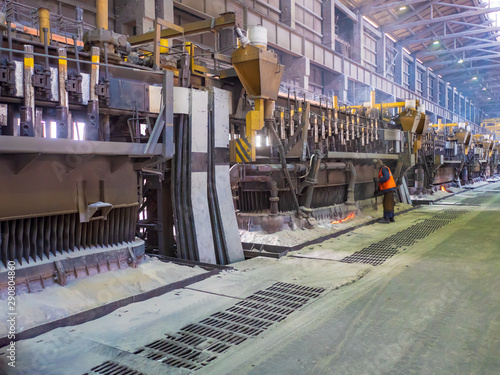 Aluminum plant. aluminum smelting bucket. Safe environmental high-tech processes. Modern smelter. Melting furnace