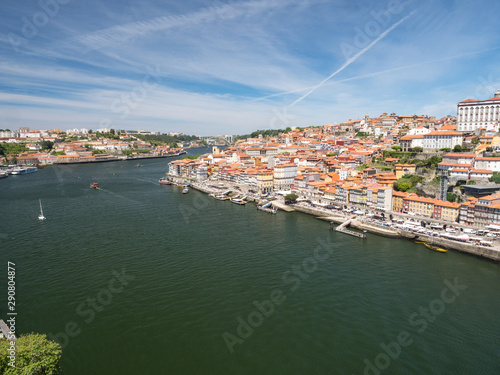 Portugal  may 2019  Panorama from famous bridge Ponte dom Luis above Old town Porto and river Duoro at sunny summer day