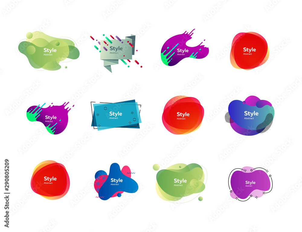 Colorful irregular shapes set. Modern abstract blob figures with sample text. Trendy minimal templates for presentations, flyers, apps and websites. Vector illustration Colorful irregular shapes set. Modern abstract blob figures with sample text. Trendy minimal templates for presentations, flyers, apps and websites. Vector illustration