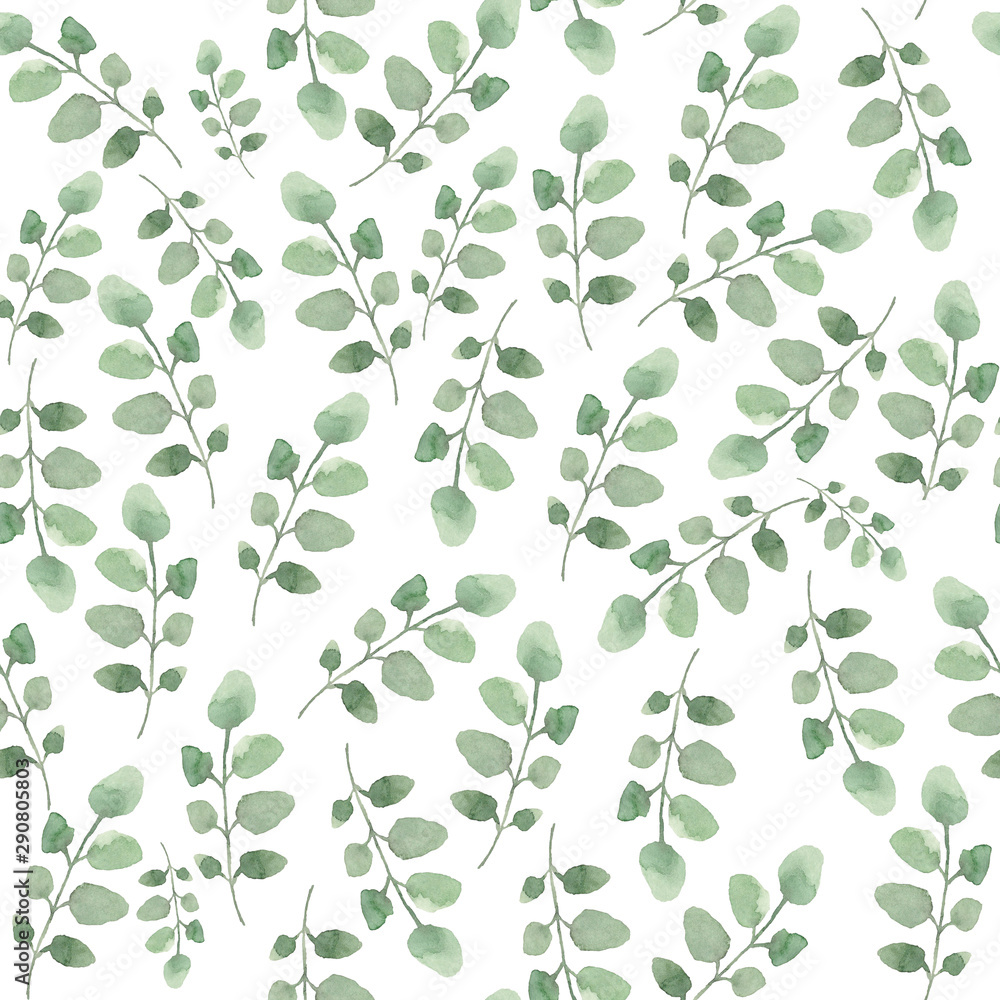 Background from a pattern of watercolor green leaves on a white background. Background for invitations to holidays, birthdays and weddings