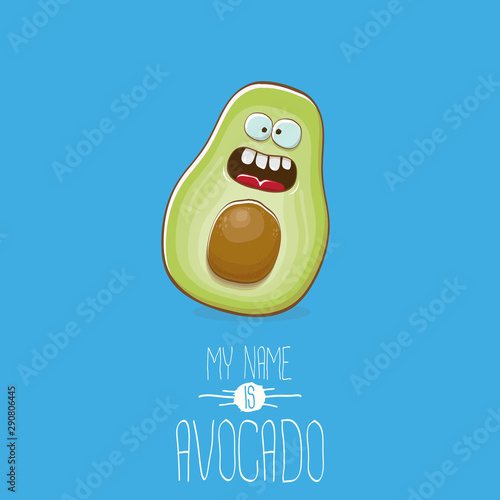 funny cartoon cute green avocado character isolated on blue background. My name is avocado vector concept. vector healthy summer fruit character