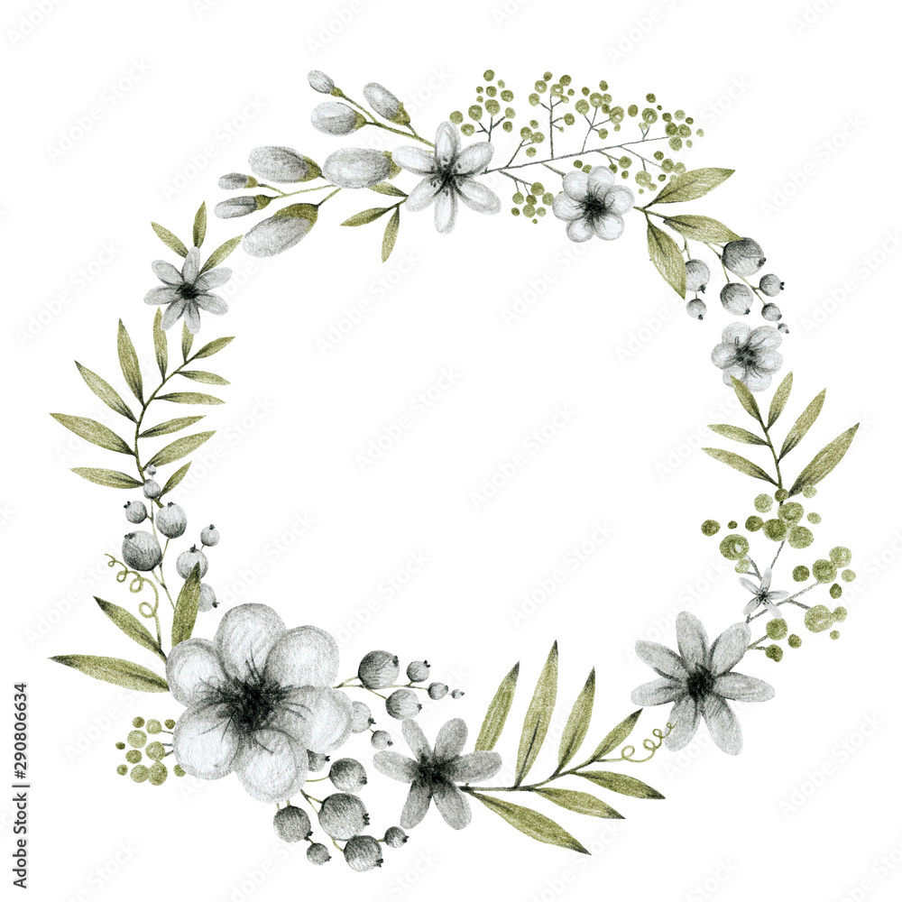 Obraz premium green and gray leaves branches and flowers, freehand drawing in pencil illustration, round frame template for design and logo of the invitation wedding, background