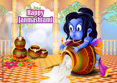 easy to edit vector illustration of Lord Krishna eating makhan cream on Happy Janmashtami holiday Indian festival greeting background