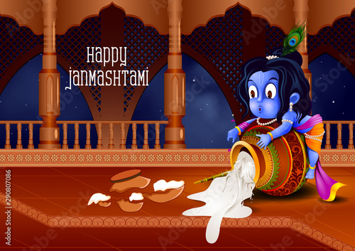 easy to edit vector illustration of Lord Krishna eating makhan cream on Happy Janmashtami holiday Indian festival greeting background