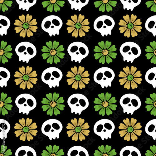 Fototapeta Naklejka Na Ścianę i Meble -  Vector seamless black background with flowers and skulls. Day of the dead. Happy Halloween. just festive flat background