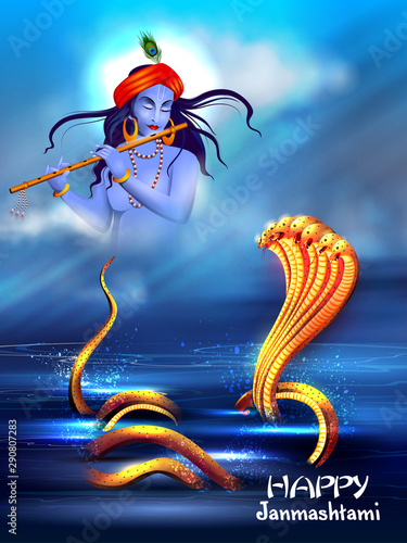 easy to edit vector illustration of Lord Krishna playing flute on Happy Janmashtami holiday Indian festival greeting background