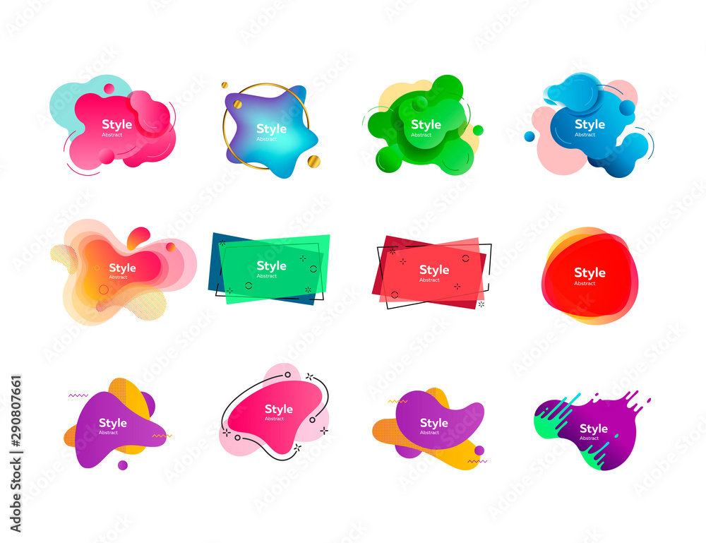 Set of bright abstract figures. Dynamical colored forms and line. Gradient banners with flowing liquid shapes. Vector illustration. Can be used for placard, webinar, presentation - obrazy, fototapety, plakaty 