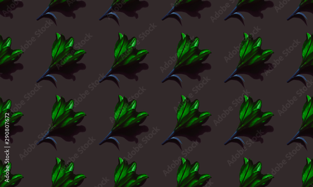 Seamless pattern of green lilies on dark background trend flat lay concept with fashionable toning. Many flowers pattern