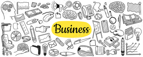 Business idea doodles icons set.  Hand sketched vector elements for landing page websites, banners, presentations, backgrounds, posters, blogs and social networks. Vector illustration.
