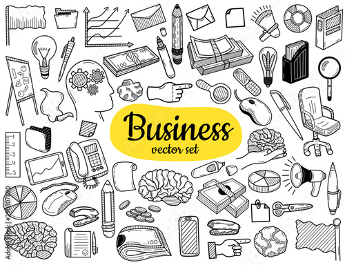Business idea doodles icons set.  Hand sketched vector elements for landing page websites, banners, presentations, backgrounds, posters, blogs and social networks. Vector illustration.